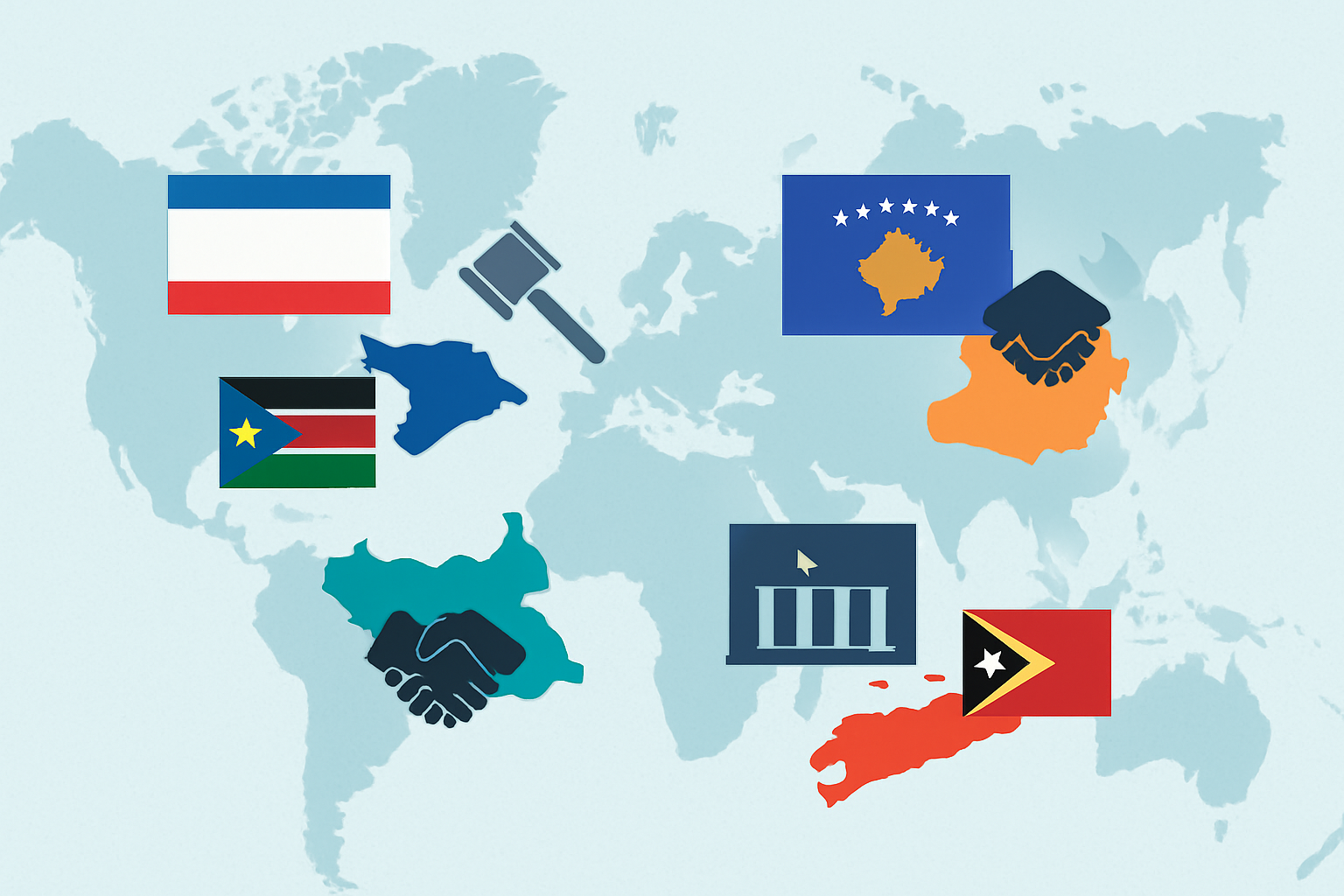 Map collage highlighting key territorial regions involved in notable cases of independence revocation and declaration