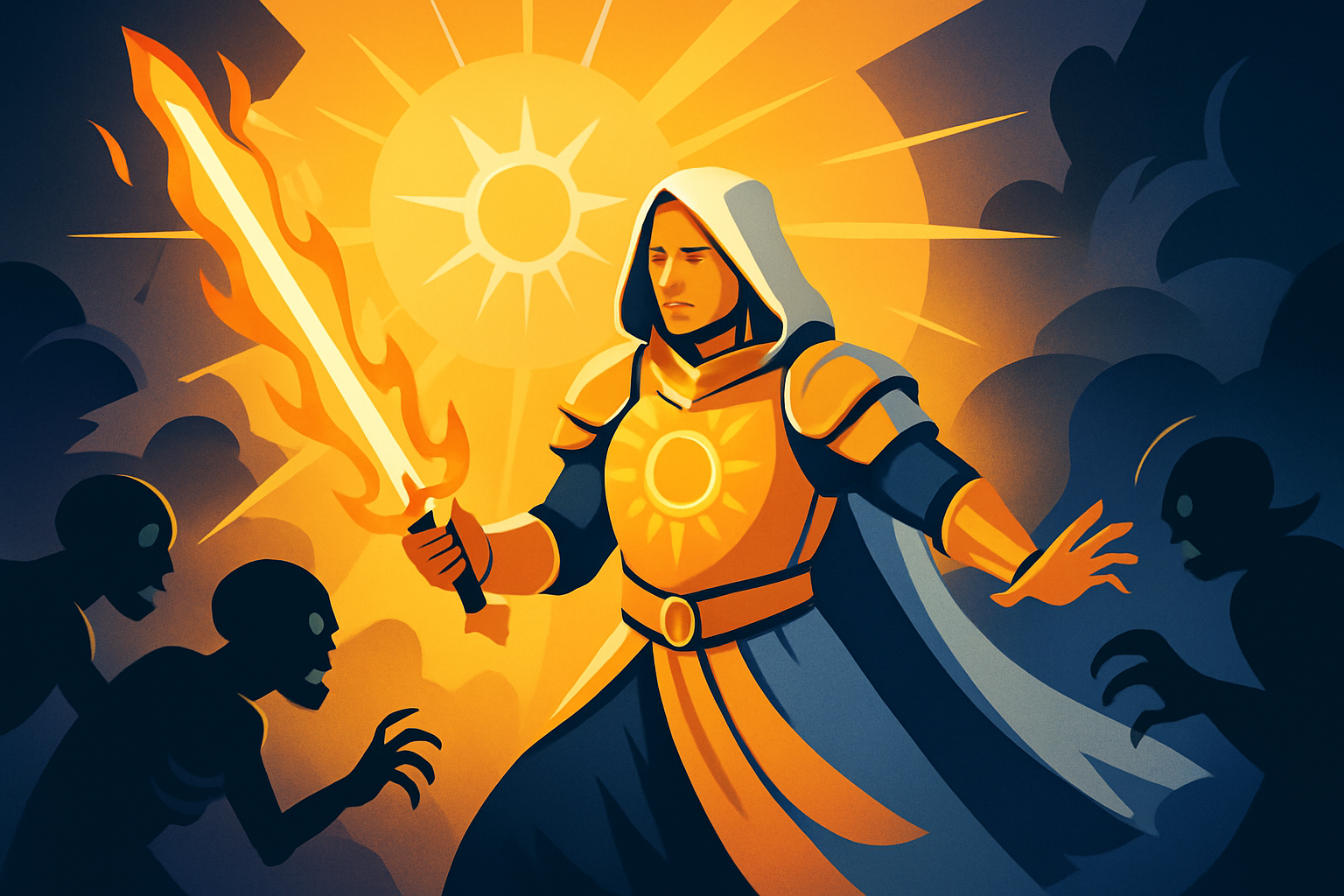 Sun Domain cleric unleashing radiant flame against shadow creatures in combat