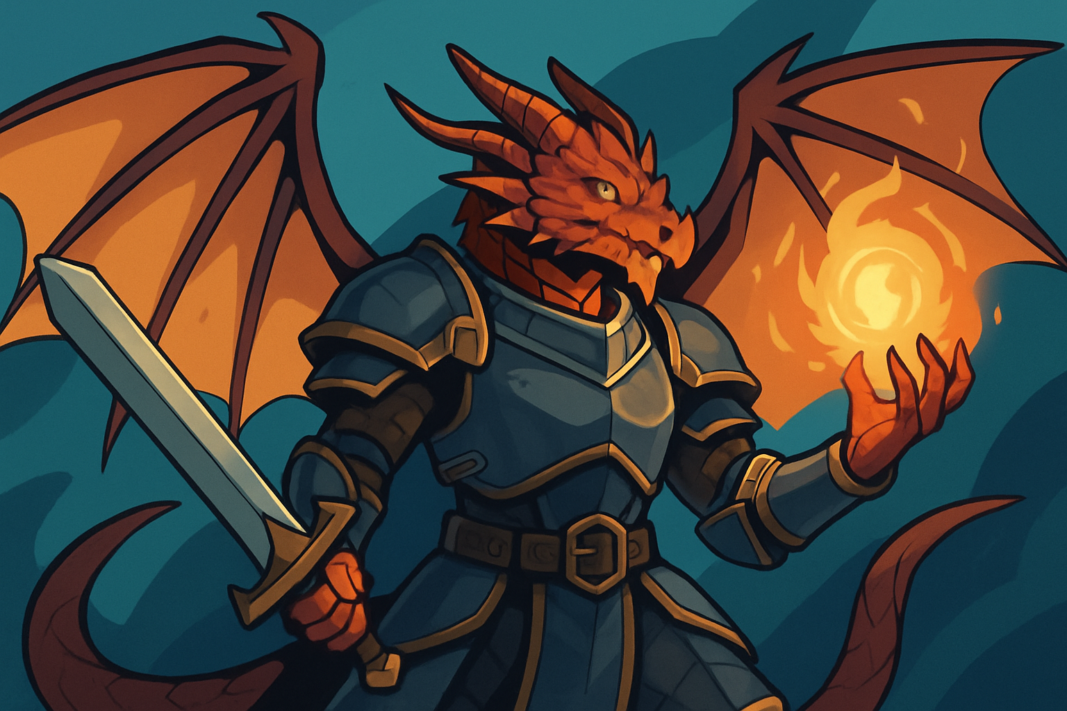 Dynamic Dragonspawn warrior casting spells with draconic wings unfurled in battle.