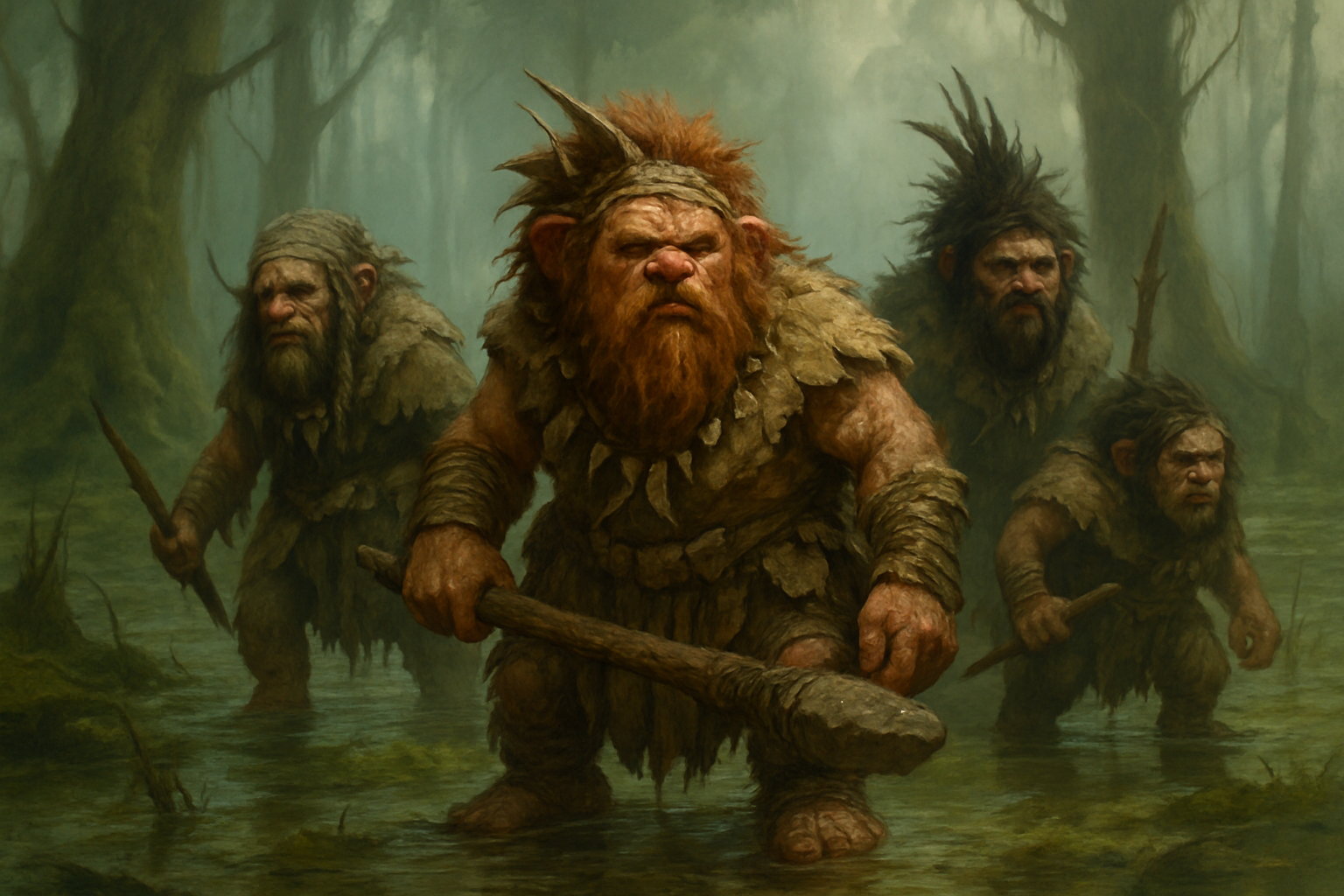 Illustration depicting gully dwarves in their natural swampy habitat, highlighting their distinctive look and cultural traits.