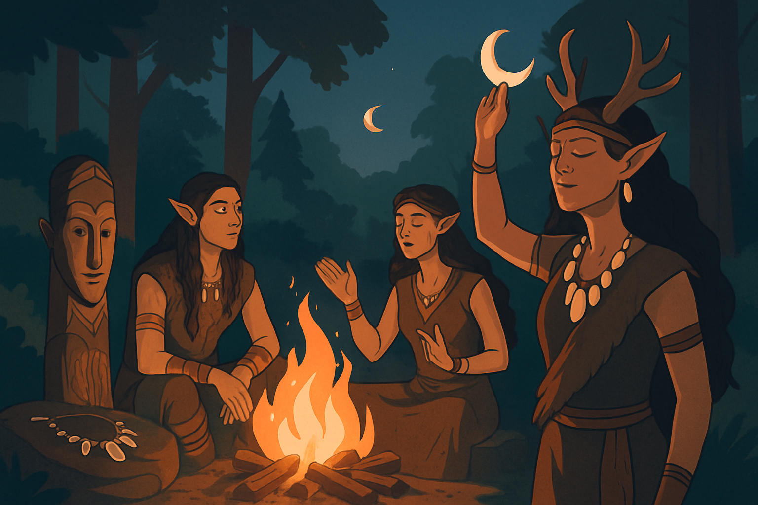 A peaceful Kagonesti elven camp illustrating their deep connection with nature and traditional forest culture.