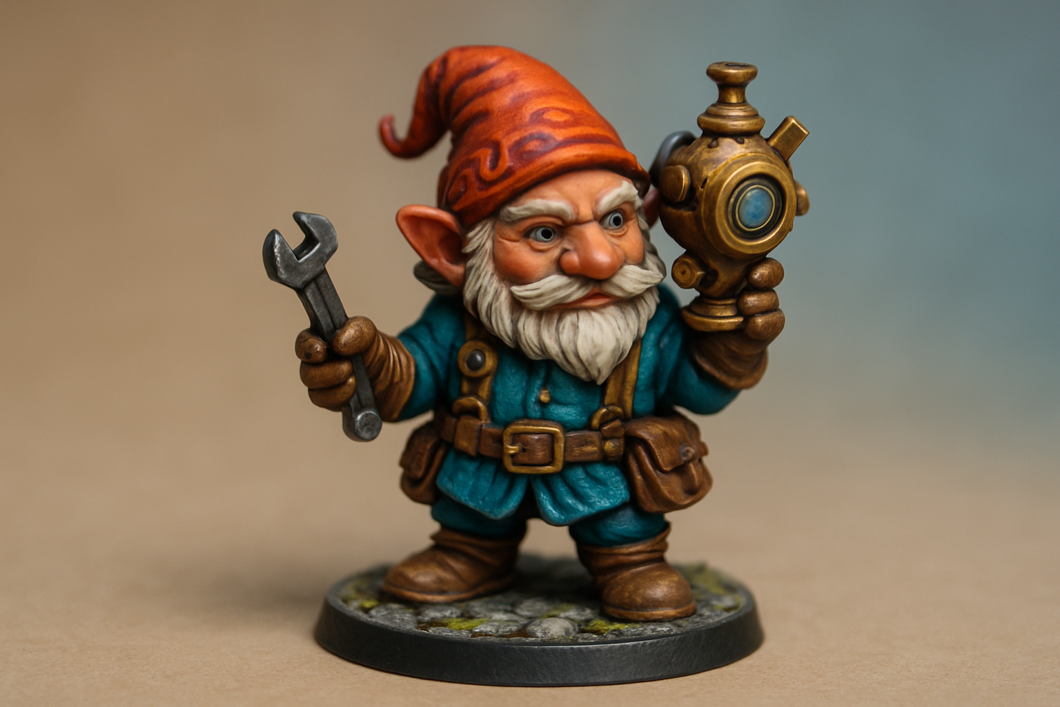 A close-up image of a freshly painted tinker gnome illustrating detailed craftsmanship and color layers