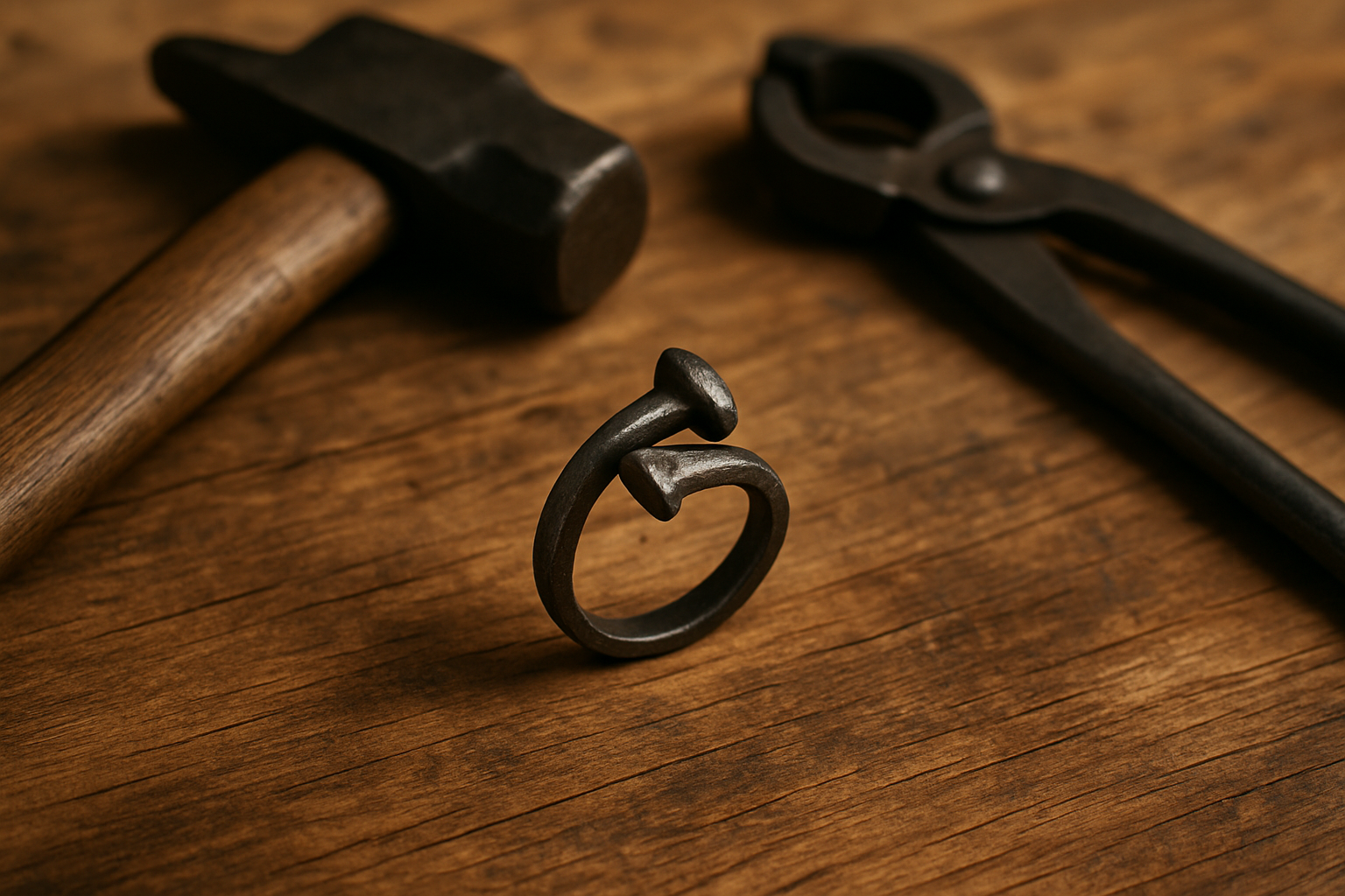 A handcrafted iron nail ring resting on a wooden surface with crafting tools nearby, illustrating the DIY jewelry process.