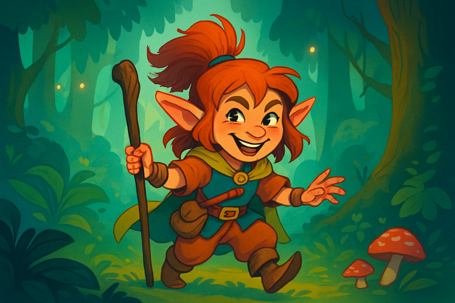 A vibrant depiction of a kender exploring a magical forest, embodying their curious and playful nature.