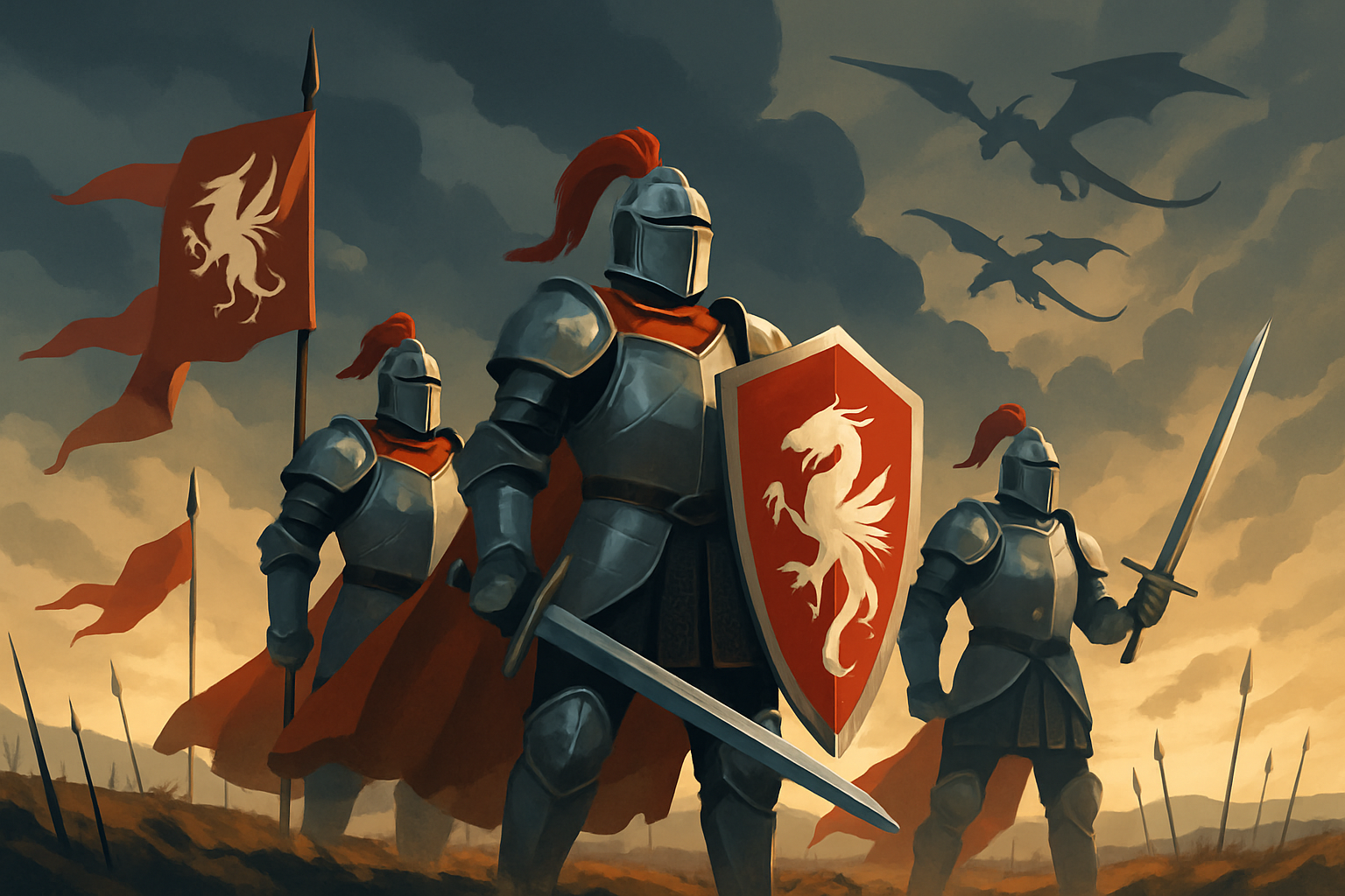 Illustration depicting the bravely armored Knights of Solamnia preparing for battle during the War of the Lance