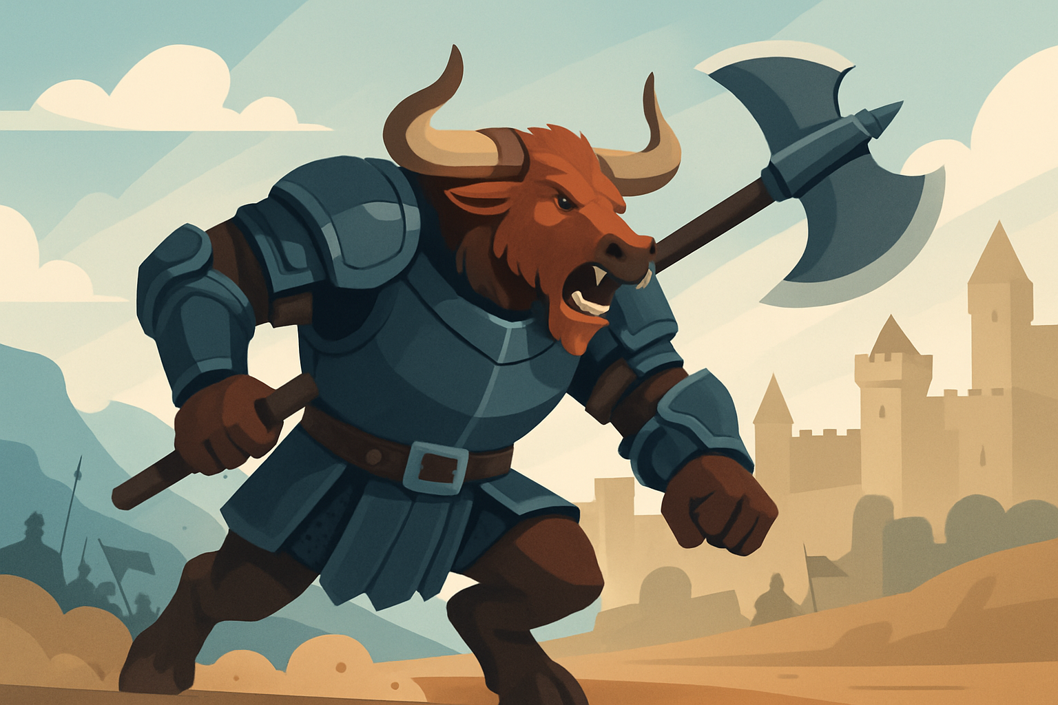 Illustration of a minotaur Pathfinder character in battle equipped with signature weapons and armor.
