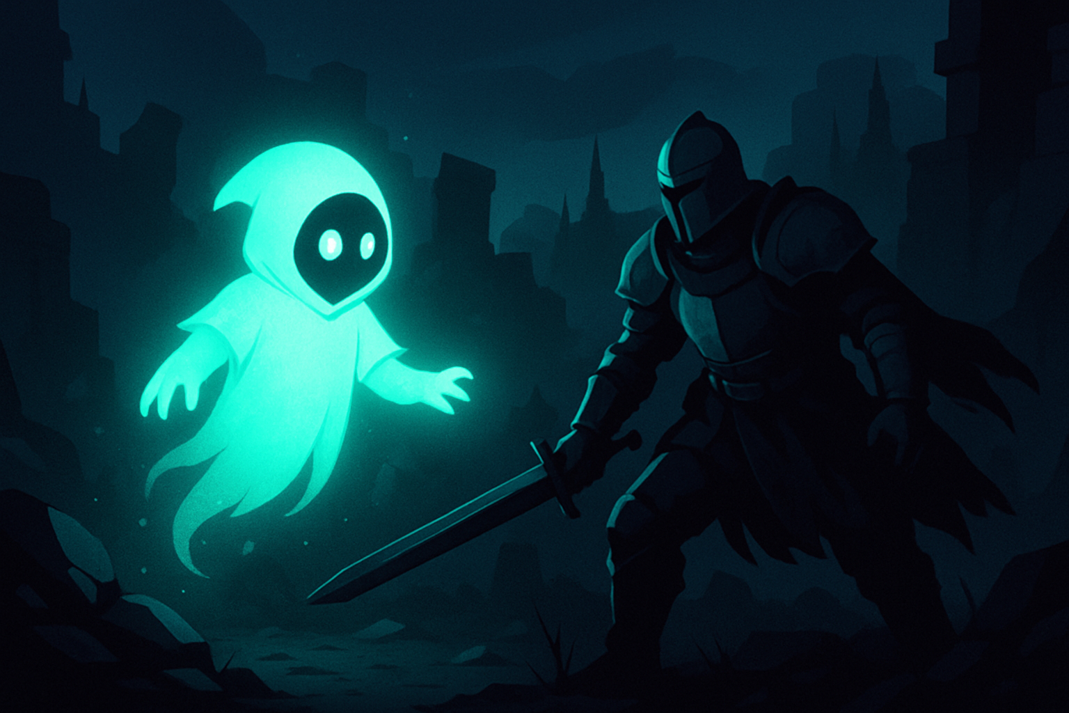 Illustration showing a spectral minion in action beside a player character, emitting a soft, glowing aura and phasing through obstacles.