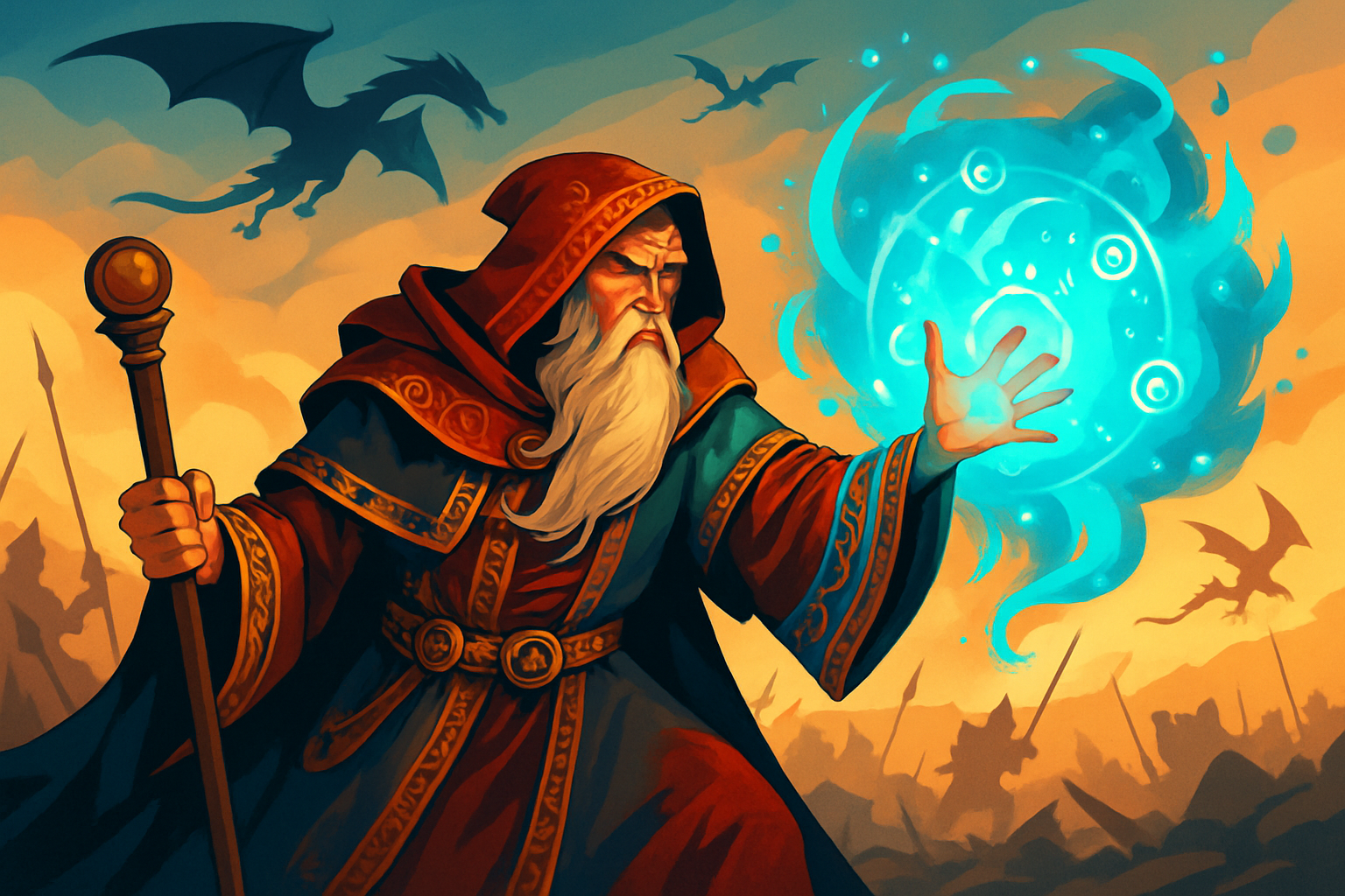 Illustration of a Dragonlance wizard casting a powerful spell in an iconic fantasy setting