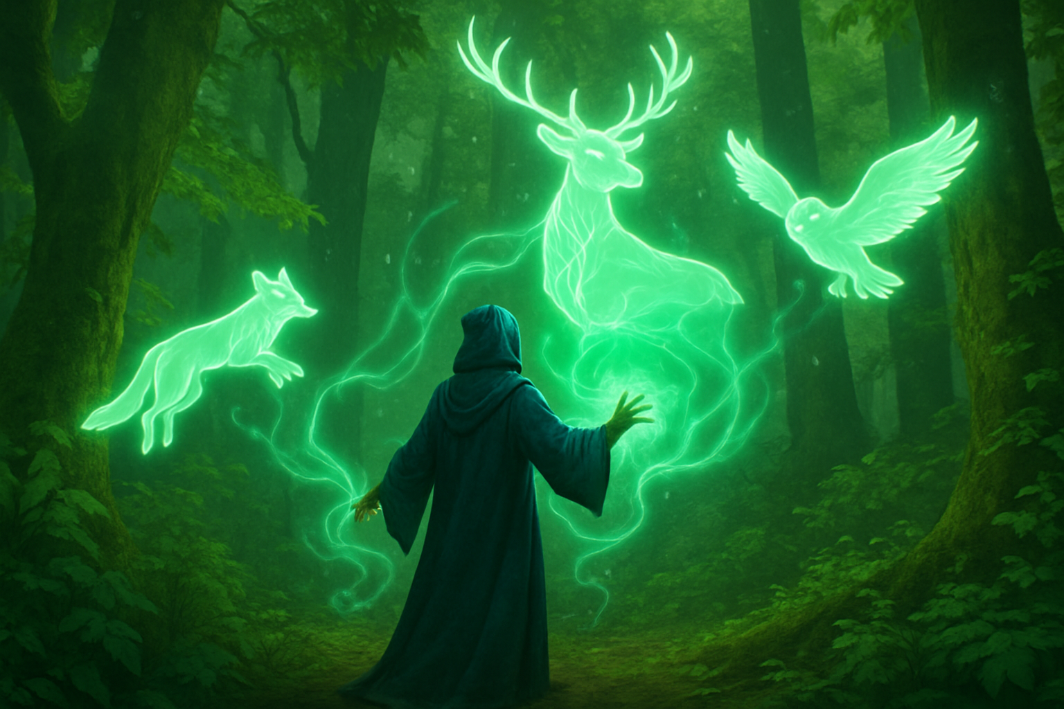 Artwork depicting a sylvan bloodline sorcerer invoking nature magic with summoned animal allies in a lush forest.