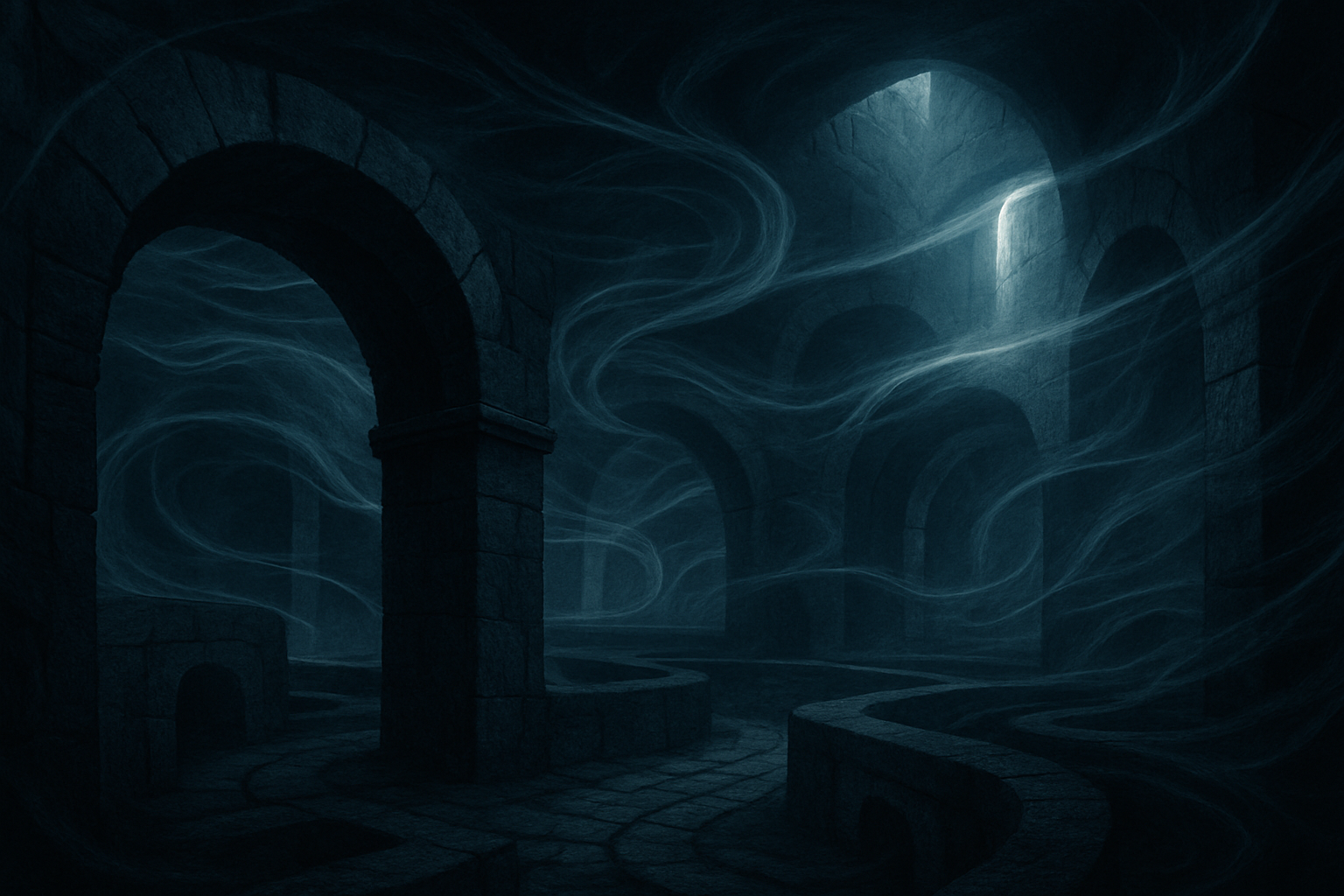 Illustration of the Pandemonium Plane showcasing swirling winds through endless twisting tunnels and foreboding lighting.