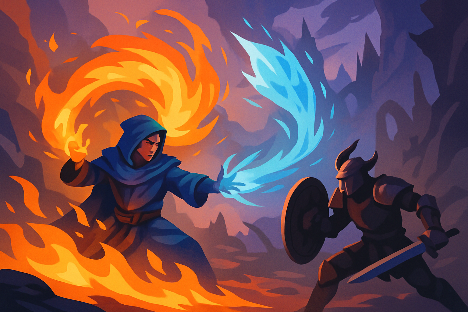 An elemental savant character unleashing a combo of fire and ice magic spells during an intense battle.