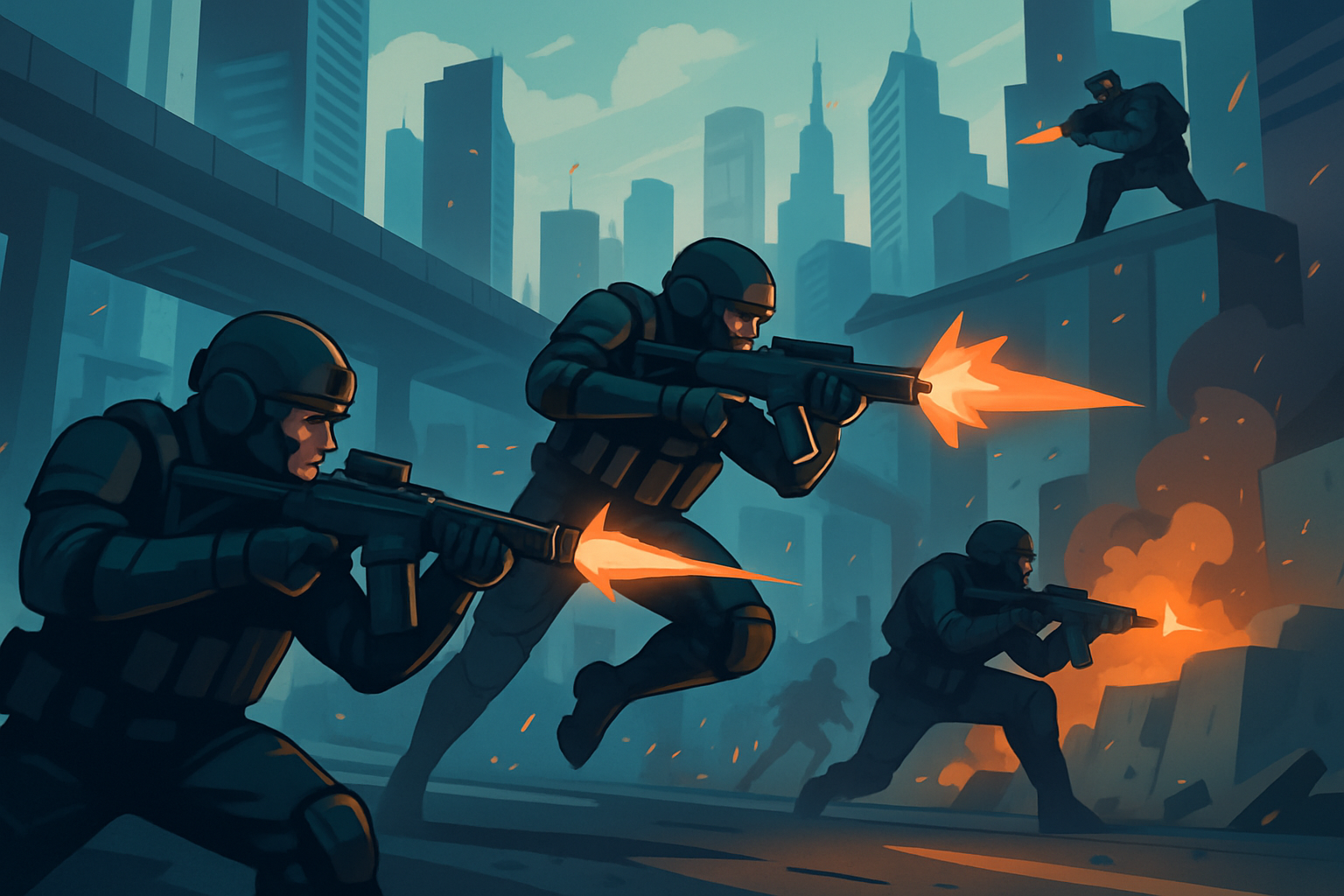 In-game screenshot showcasing Pathfinder Enforcer’s tactical combat and detailed urban environment