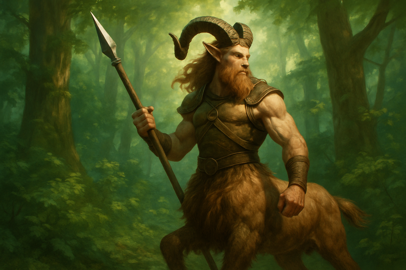 Artistic depiction of a bariaur warrior blending human intelligence and beastly agility in a natural fantasy setting.