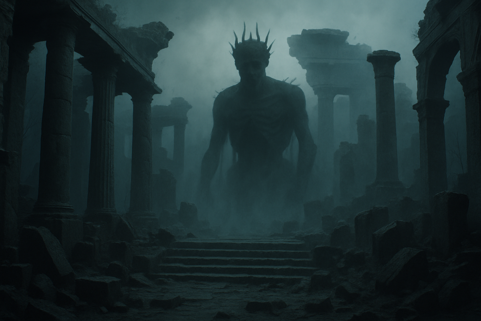 Artistic interpretation of Aoskar, the Dead God, sitting among ruins in a misty, shadow-filled temple