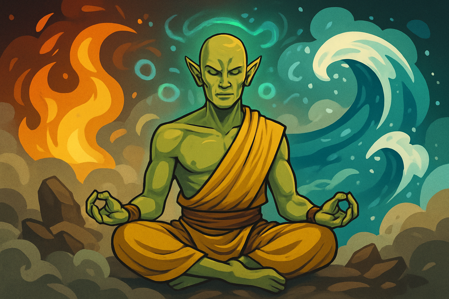 An artistic depiction of a Githzerai monk harnessing psionic energies in their natural planar environment.
