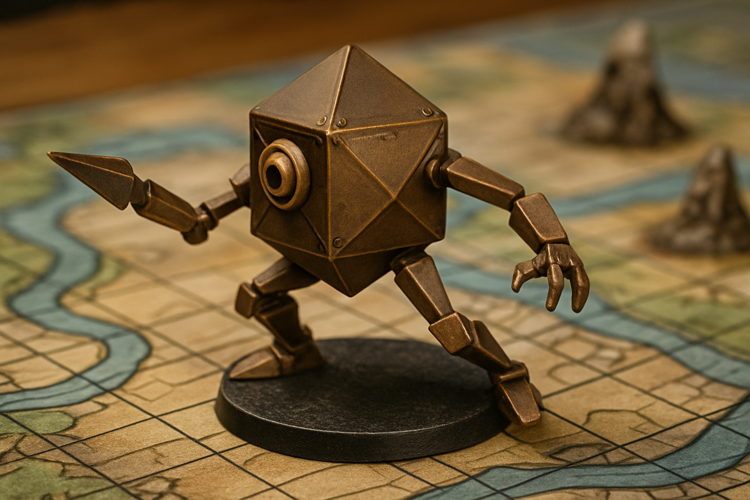 A finely sculpted modron mini showcasing intricate mechanical design and dynamic positioning on a D&D battle mat.