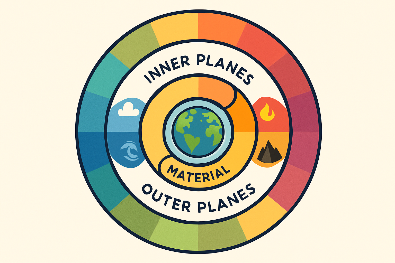 Diagram of the D&D Great Wheel planar system illustrating the relationship between the Material, Inner, and Outer Planes