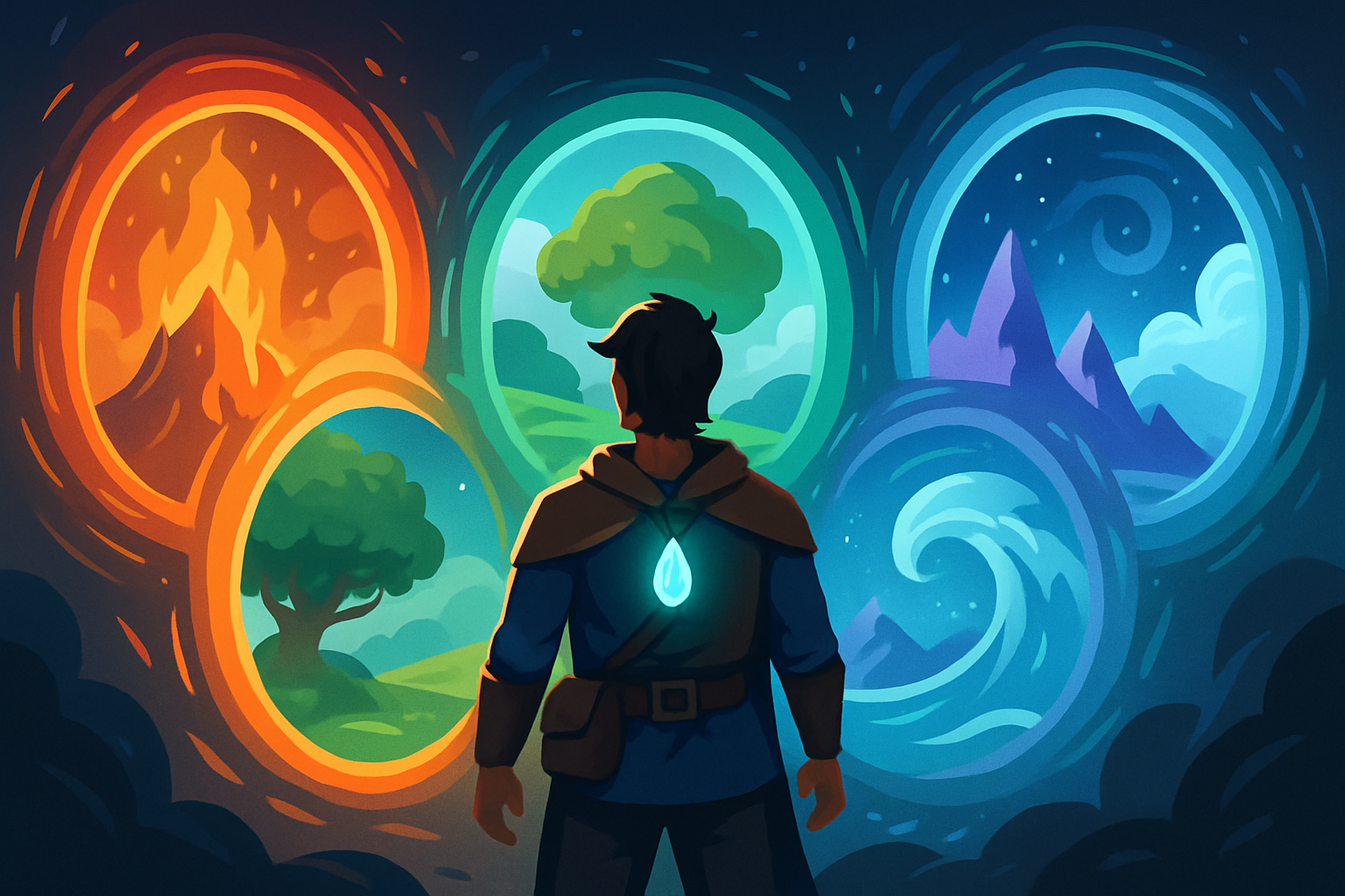 An adventurer equipped with the Amulet of the Planes, depicted opening portals to diverse planes of existence.