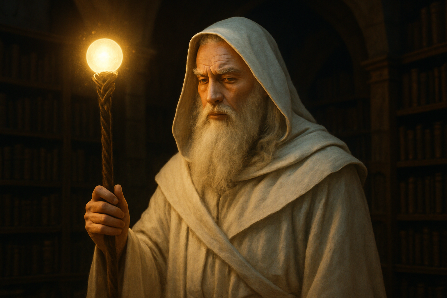 An artistic portrait depicting Factol Rhys, leader of the White Robes, embodying wisdom and mystical authority.