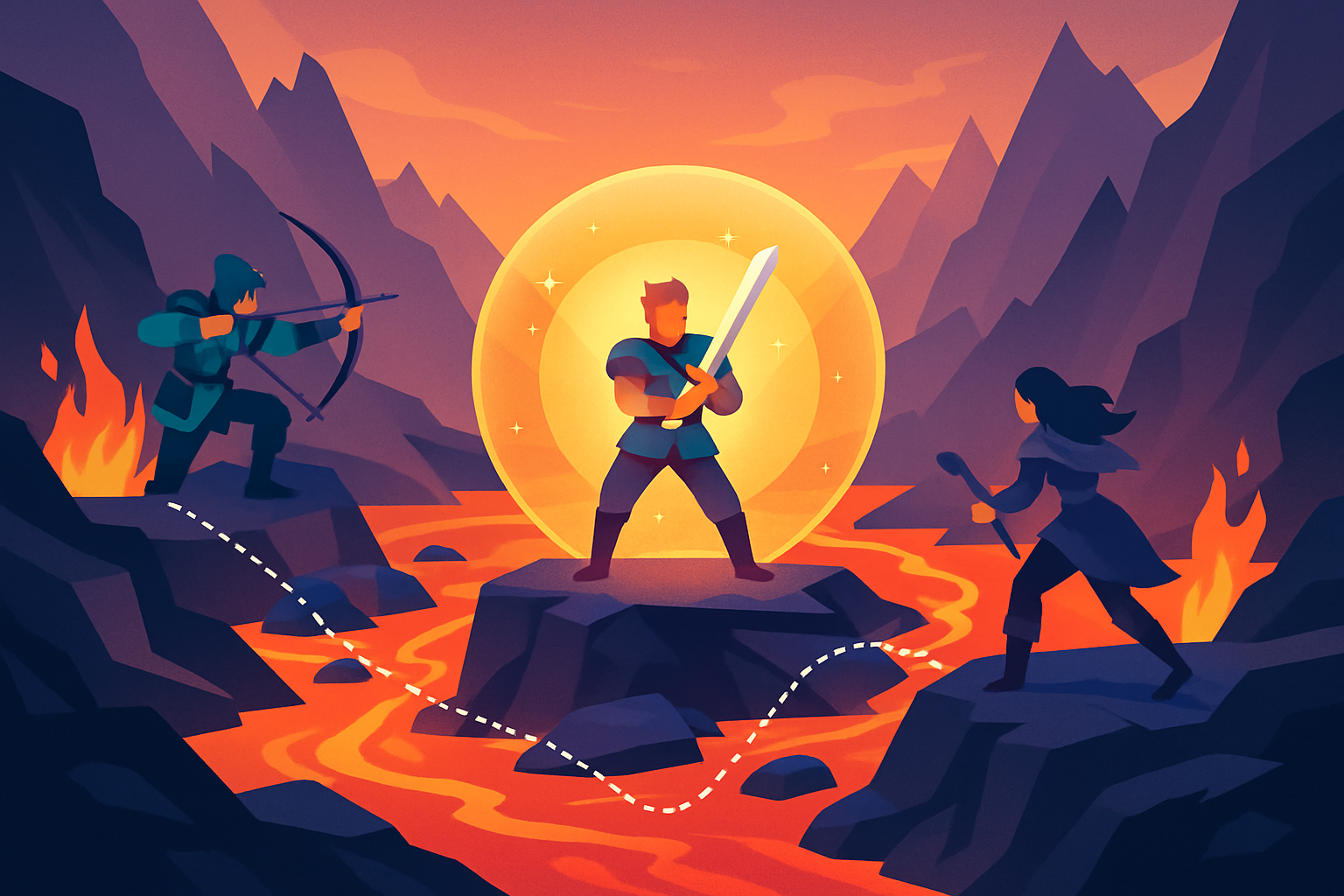 Illustration of a character activating Protective Aura Pathfinder, shielding allies and guiding them safely through a battlefield.