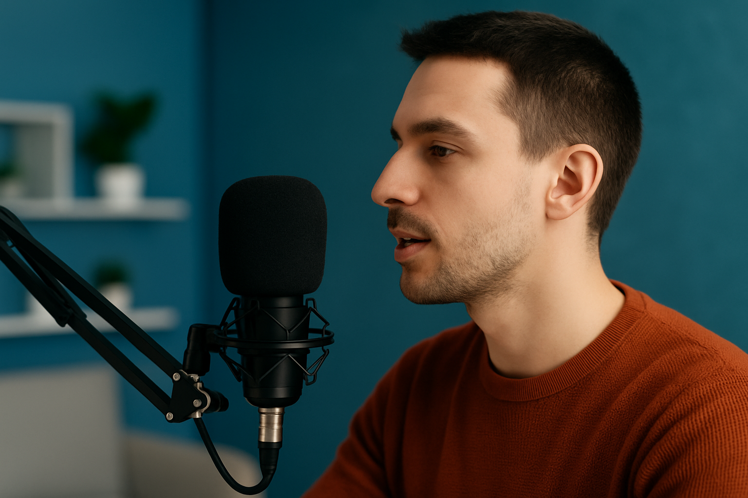 Proper microphone placement showing ideal distance and angle relative to the mouth
