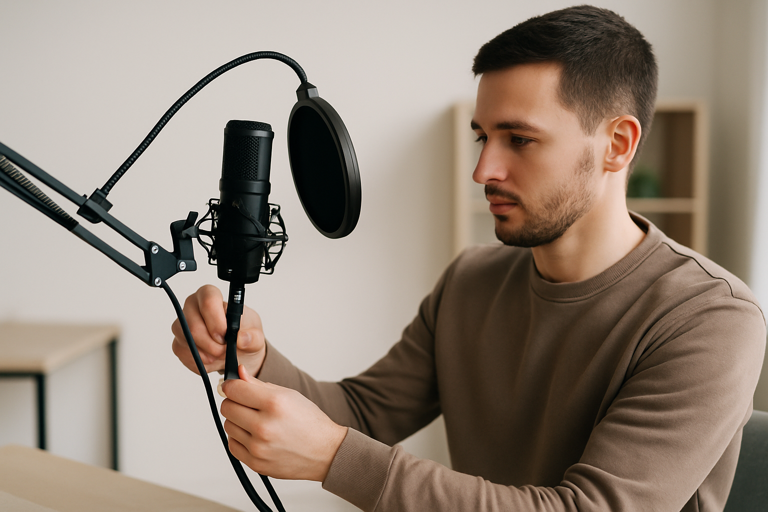 Preparing microphone setup with pop filter and ensuring cables are correctly connected