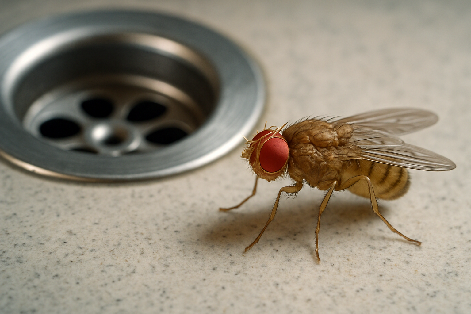 A close-up image showing a fruit fly hovering near a kitchen sink drain, highlighting the small size and distinctive red eyes.
