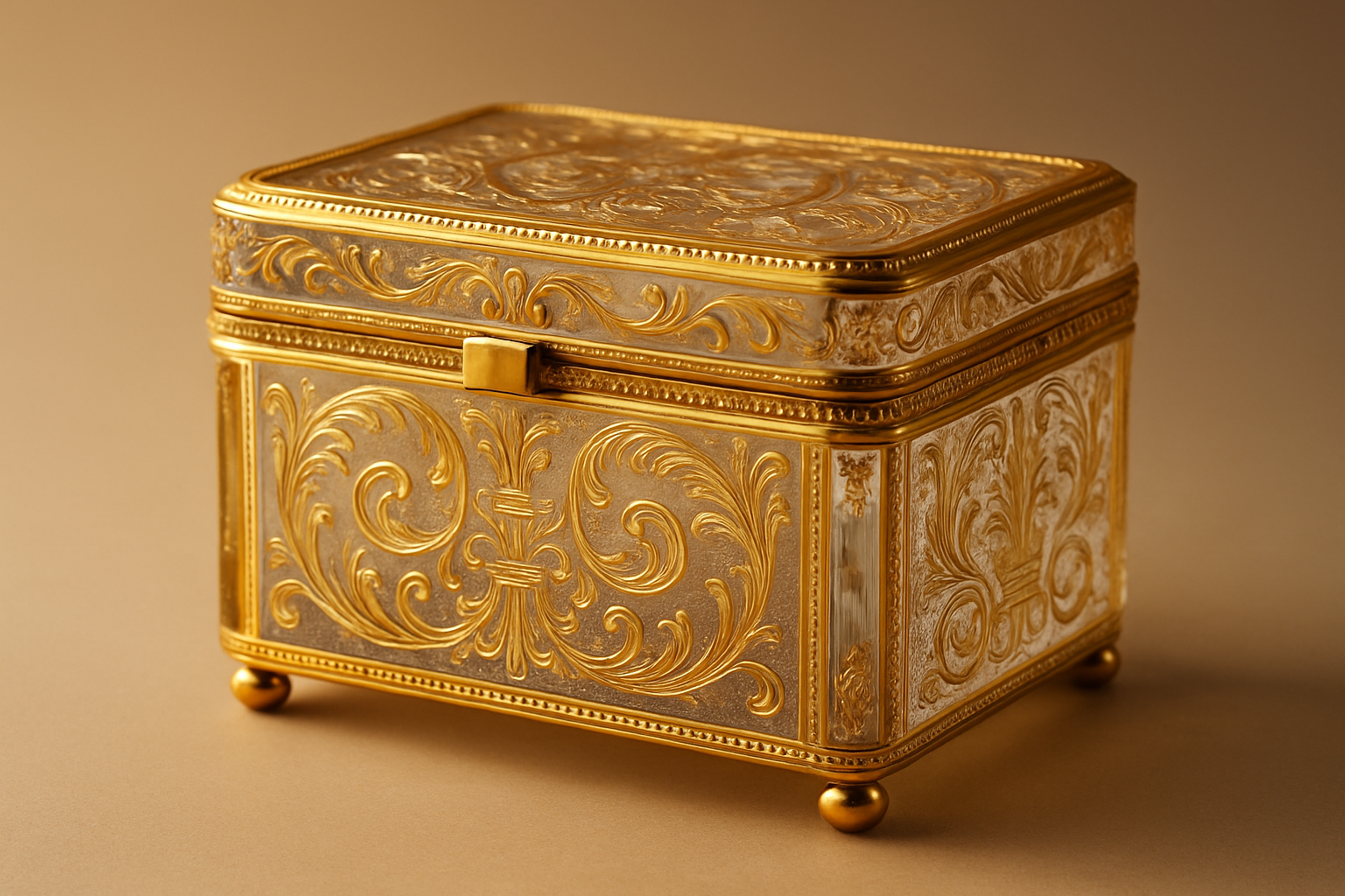 An exquisite example of detailed craftsmanship on a gilded antique glass box.