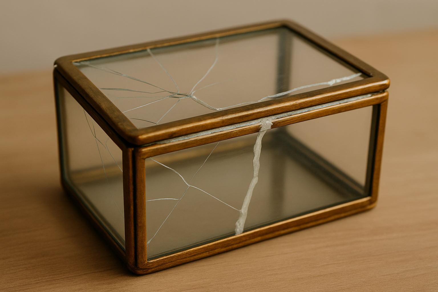 Visible signs of damage and amateur repairs often reducing an antique glass box