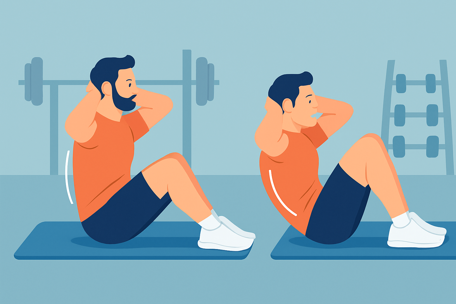 Visual comparison of proper versus improper sit up technique highlighting spinal posture and foot positioning.