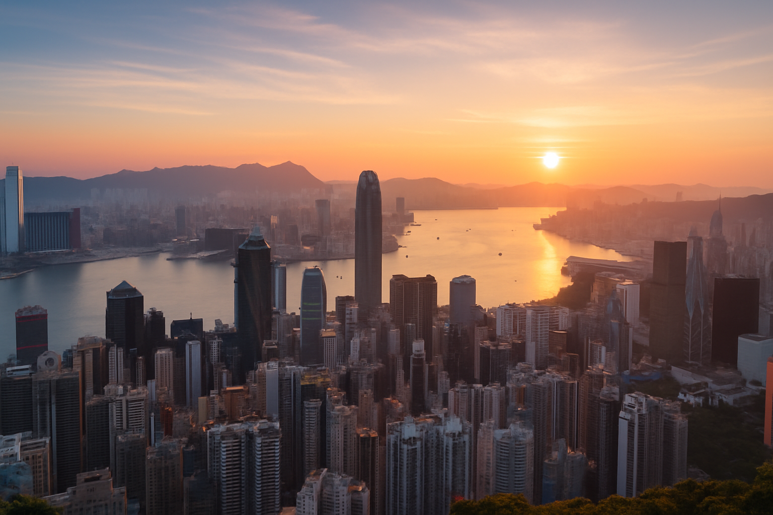 Stunning cityscape of Hong Kong viewed from Victoria Peak, capturing early morning light and iconic skyscrapers
