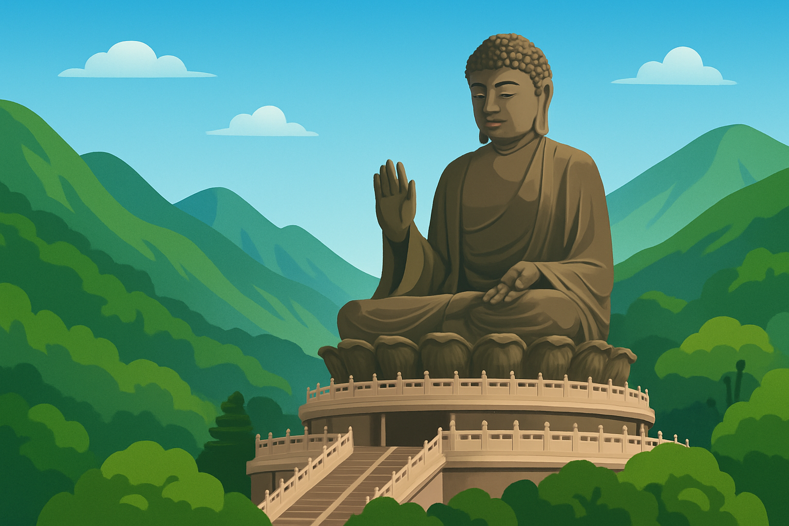 Close-up shot of the Big Buddha statue against a bright sky with greenery, symbolizing tranquility and culture