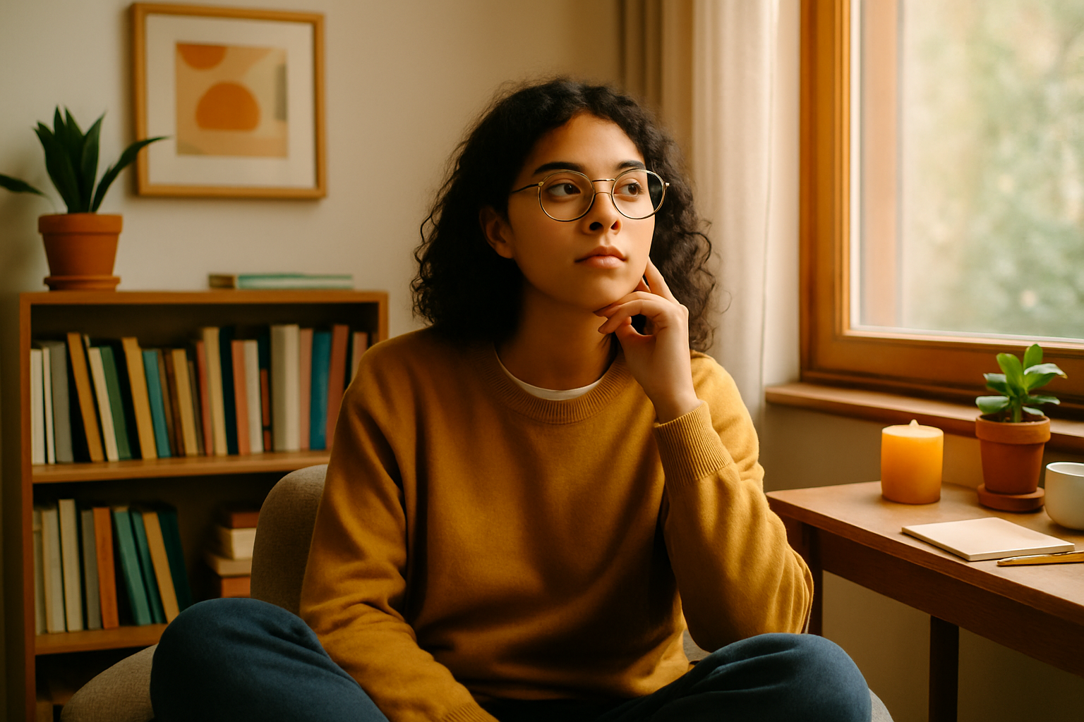 A student engaged in deep reflection, discovering unique perspectives for their college essay.