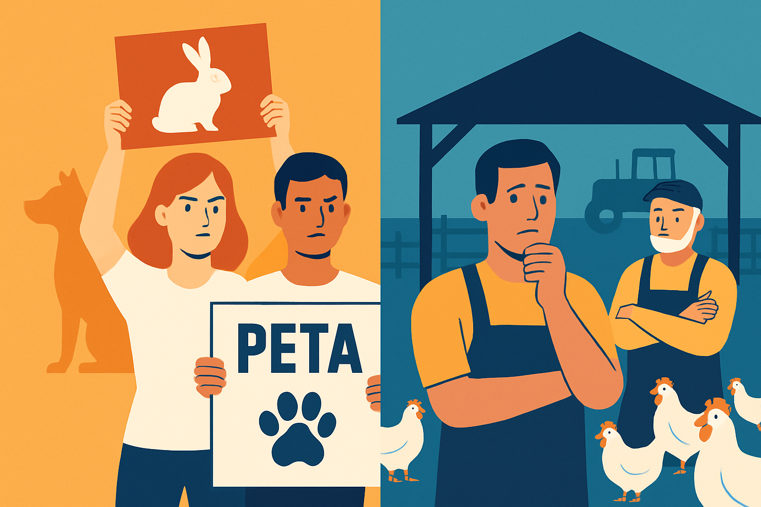 Visual representation of tension between animal rights activists and industries reliant on animals.