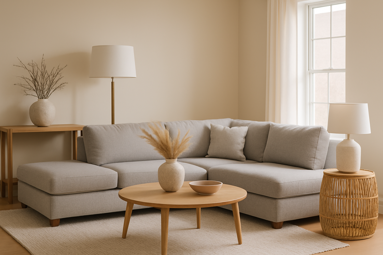 Spacious living room layout utilizing beige walls and grey furniture arranged to enhance natural light and promote flow