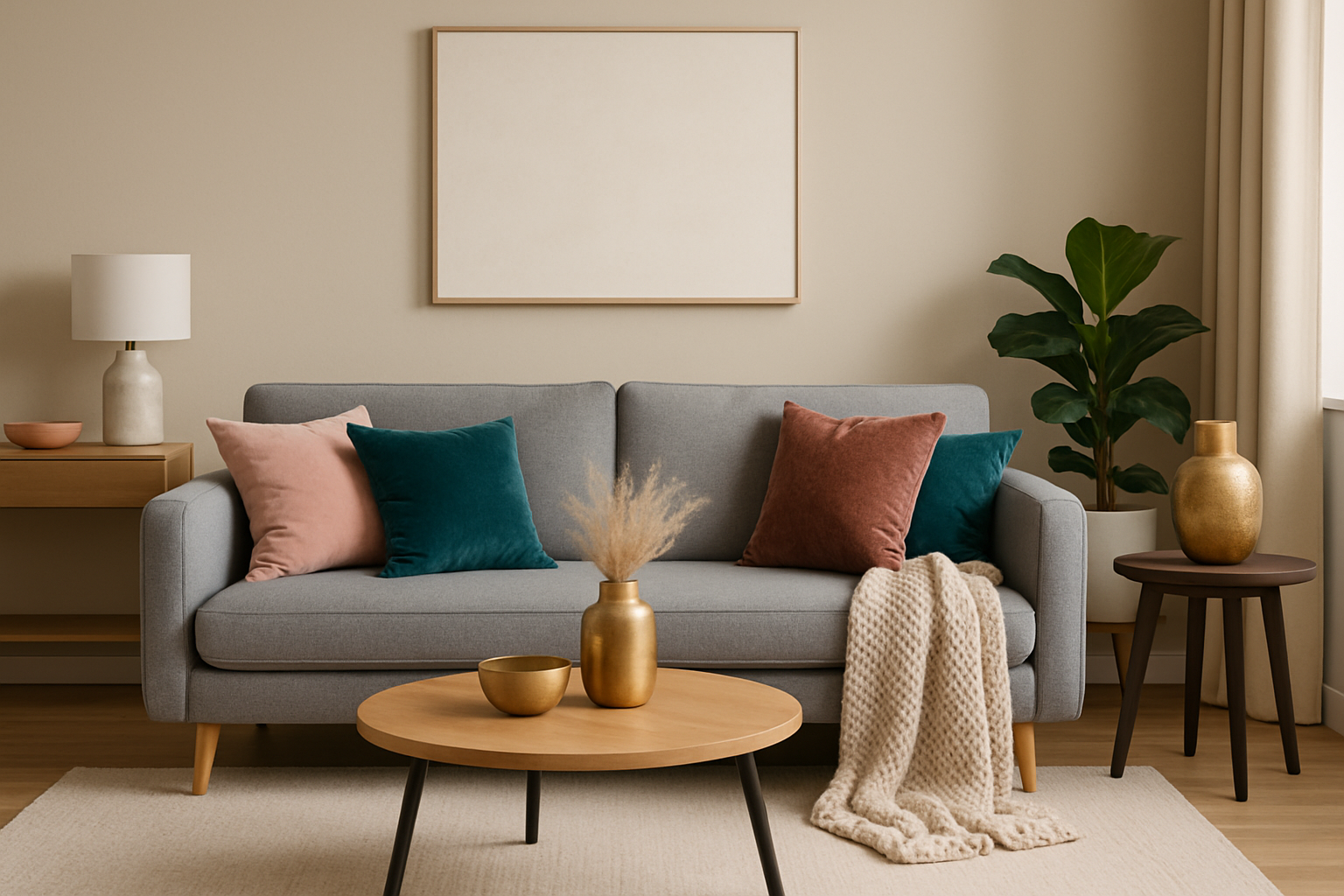 A stylish living room showcasing beige walls paired with grey furniture, enriched by colorful textiles and sophisticated metallic accents