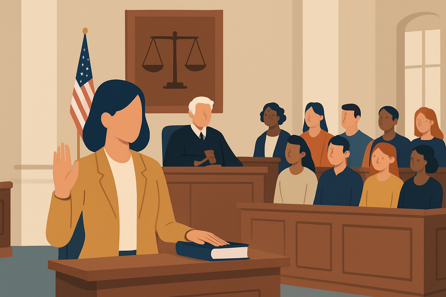 A witness taking the oath in a courtroom while the judge oversees the proceedings.
