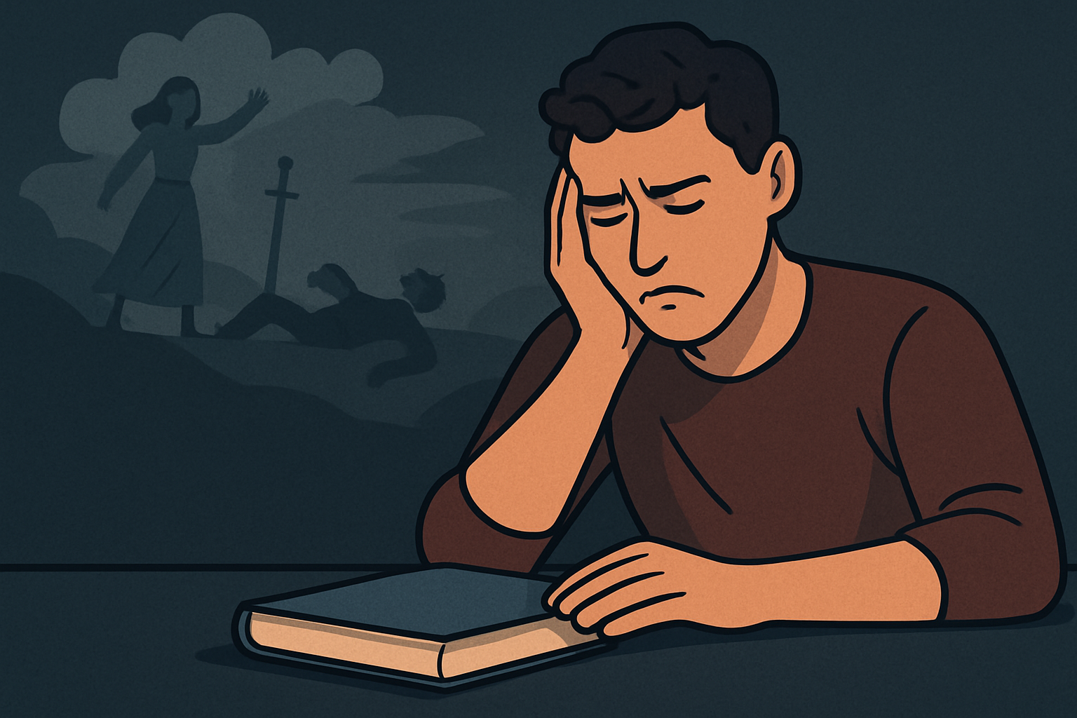 A reader disappointed by an anticlimax in a story, symbolizing the emotional disconnect caused by a weak narrative payoff.