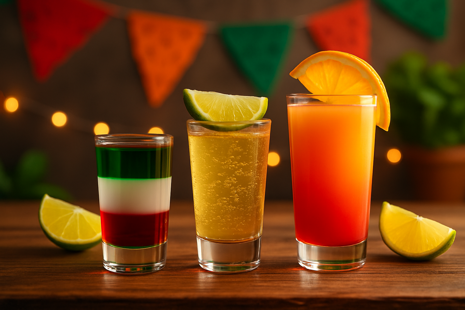 Classic tequila shots featuring the Mexican Flag, Tequila Slammer, and Tequila Sunrise displayed beautifully on a bar.