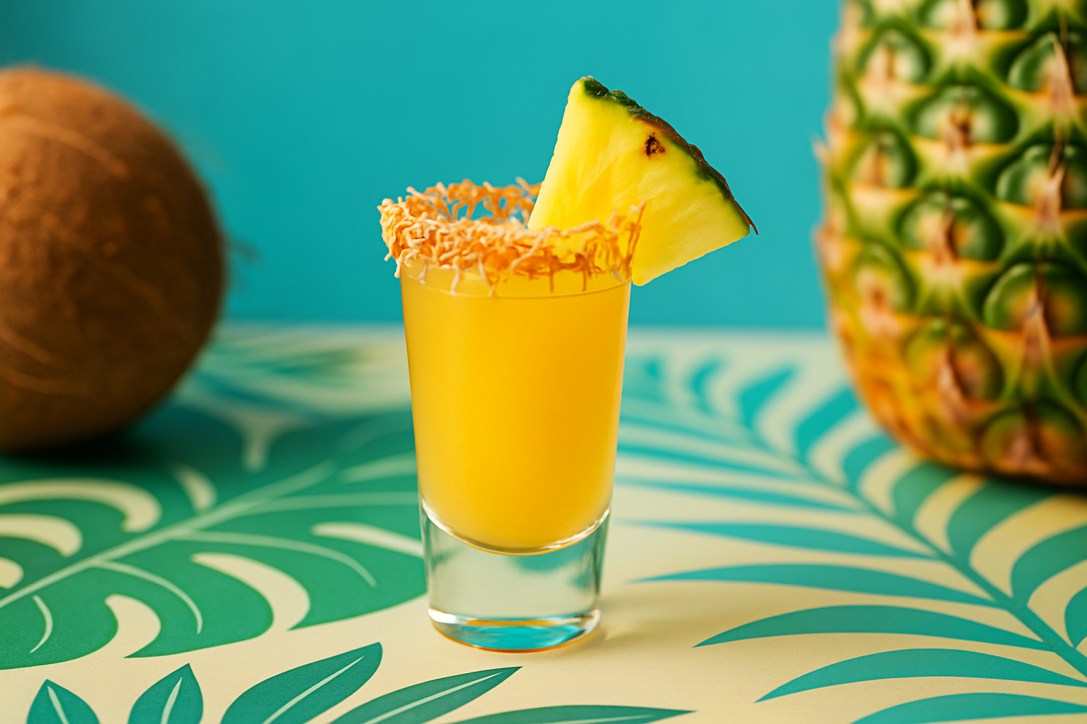 Tropical Pineapple Coconut Tequila Shot garnished with pineapple and toasted coconut rim.