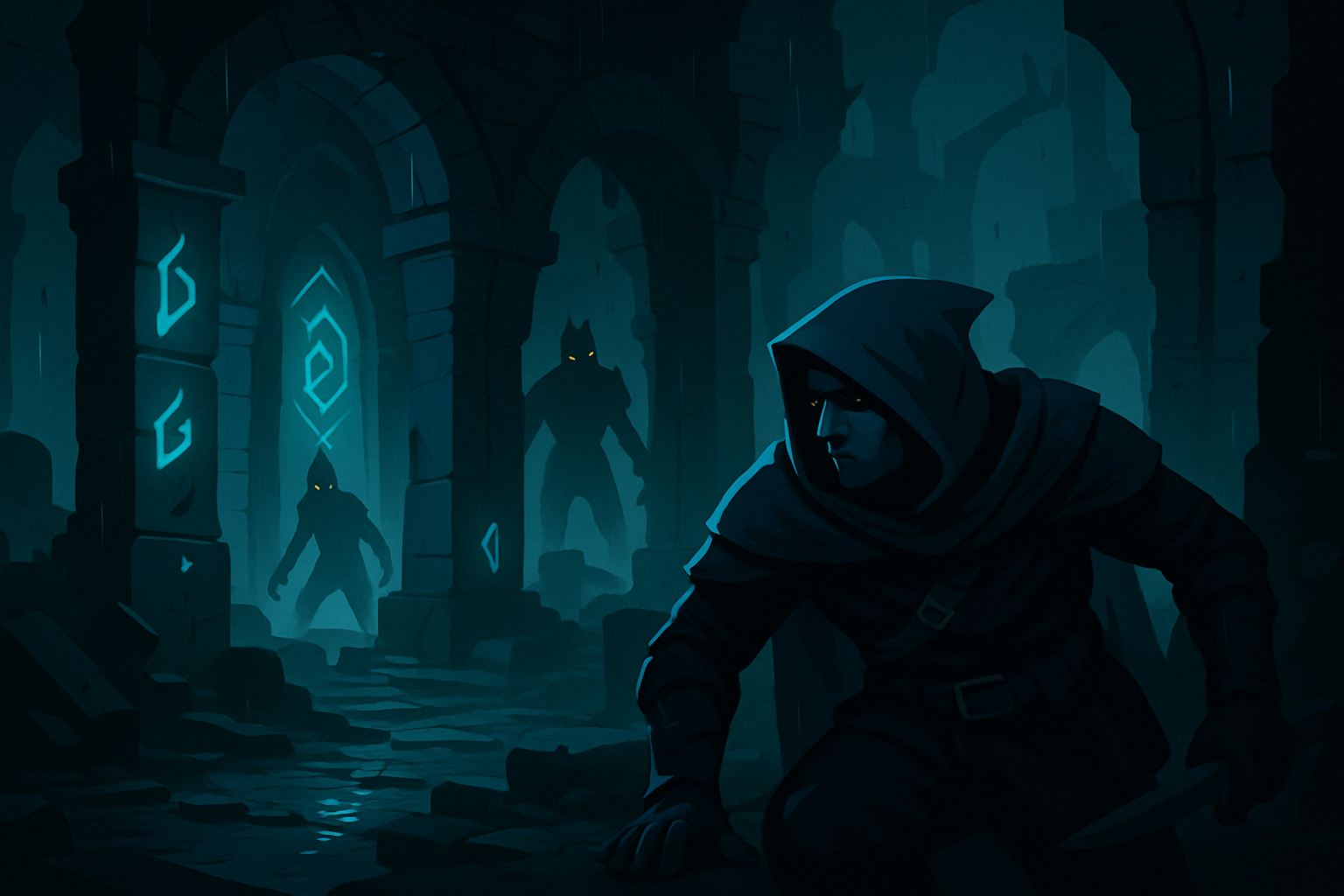 Protagonist stealthily exploring the atmospheric ruins in Shadows of Desire