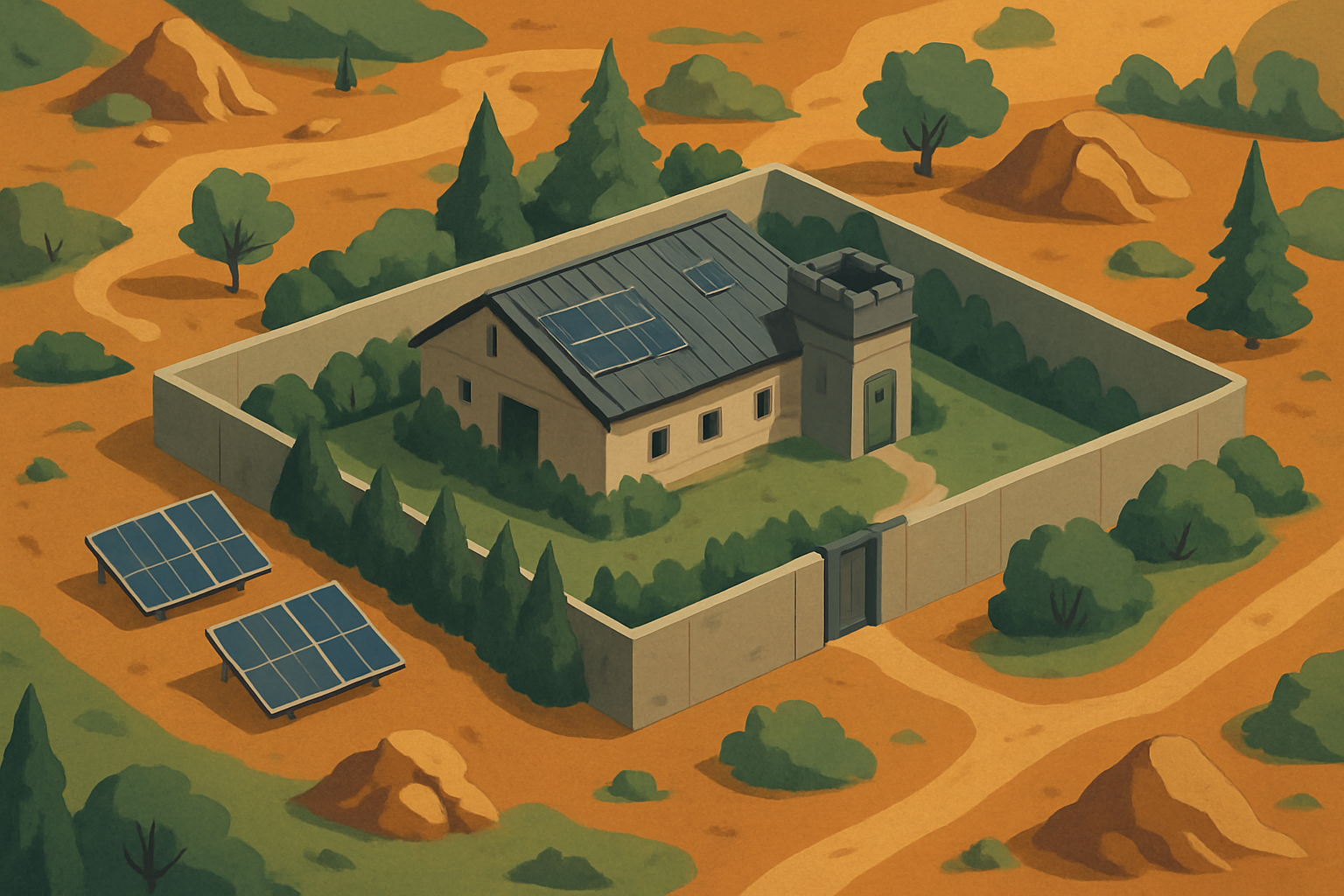 An aerial shot showing a well-planned prepper home in a strategic location, featuring natural defenses and renewable energy systems.