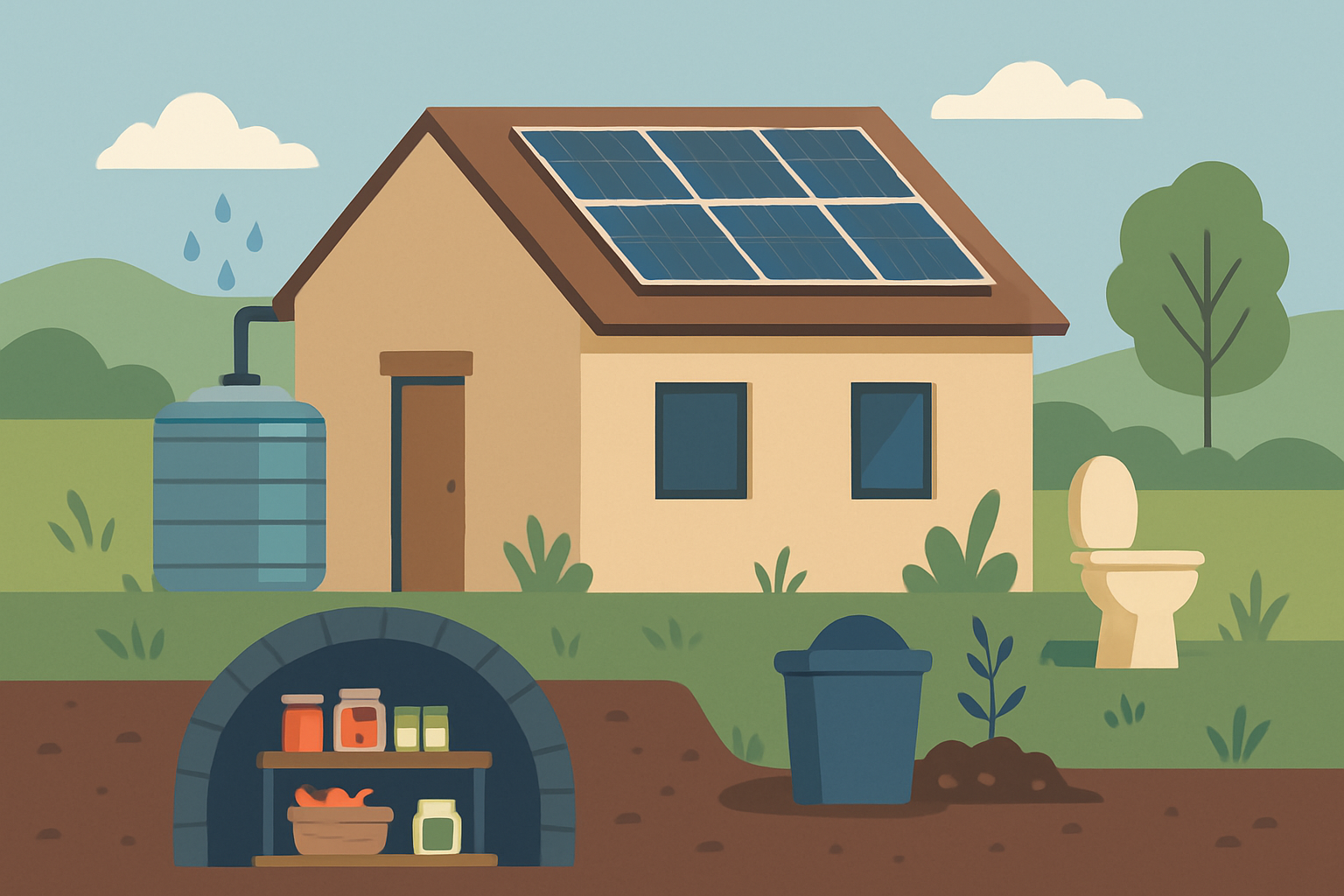 Diagram showing integrated self-sufficient systems in a prepper home for water, energy, food storage, and waste management.
