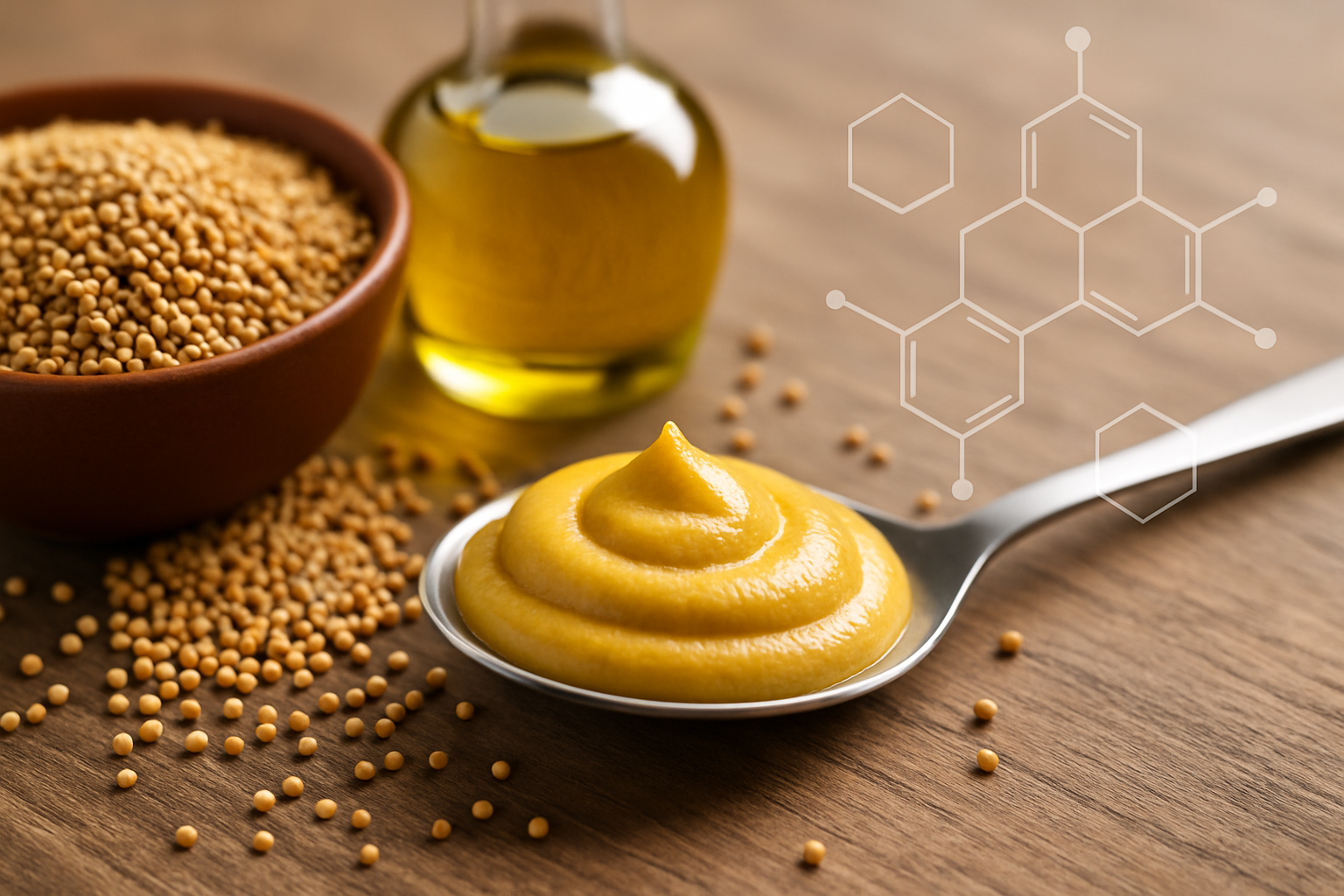 Close-up image of mustard condiment with mustard seeds and mustard oil illustrating the natural source of compounds causing mustard headaches.