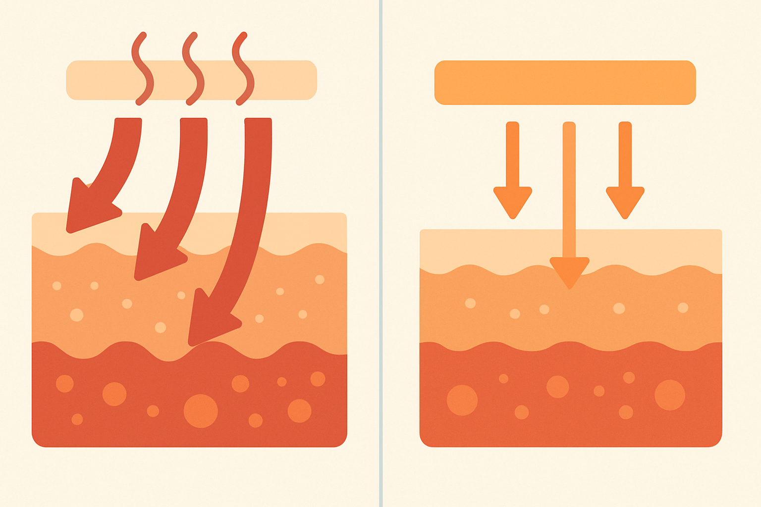 Diagram illustrating how infrared sauna heats body tissues internally compared to surface heating in traditional saunas