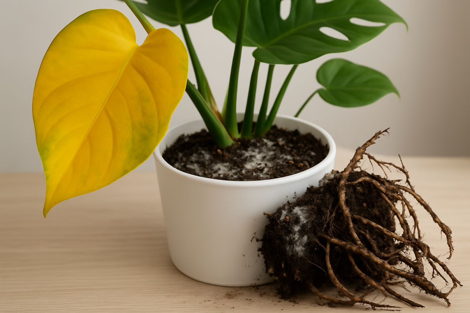 An example of an overwatered monstera plant displaying yellow leaves, wet soil surface with mold, and signs of root rot