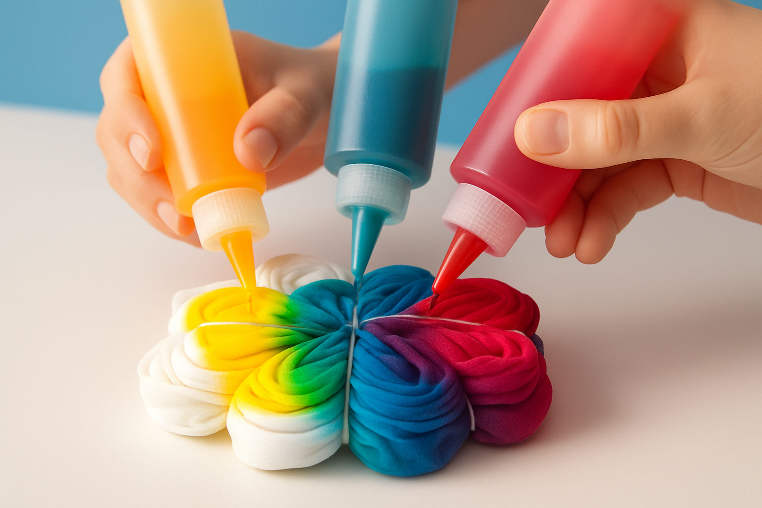 Applying bright tie dye colors precisely using squeeze bottles to maintain clean and vibrant pattern edges