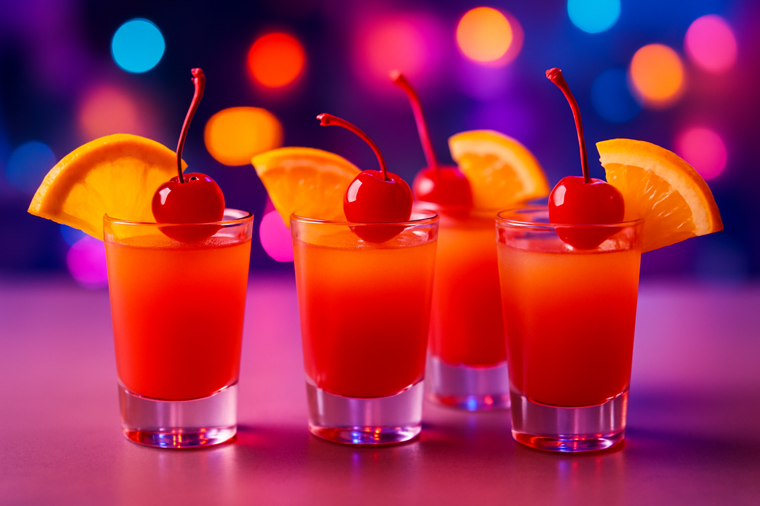 Vibrant Alabama Slammer Shots ready to be served, garnished with orange slices and cherries in clear shot glasses.