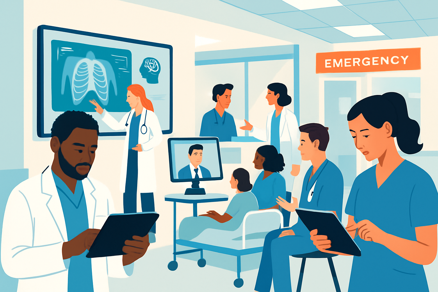 Visual depiction of a modern emergency department incorporating new technologies and team dynamics.