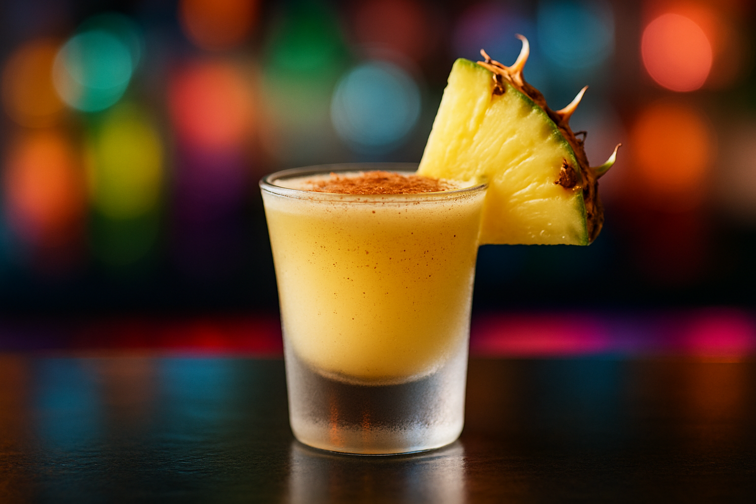 A freshly prepared Upside Down Cake Shot garnished with pineapple and cinnamon, ready to serve.